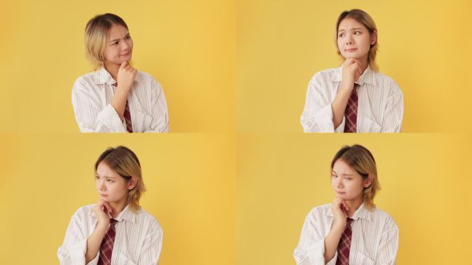 年轻女子想了想问题，想起了画室里黄色背景上孤立的东西