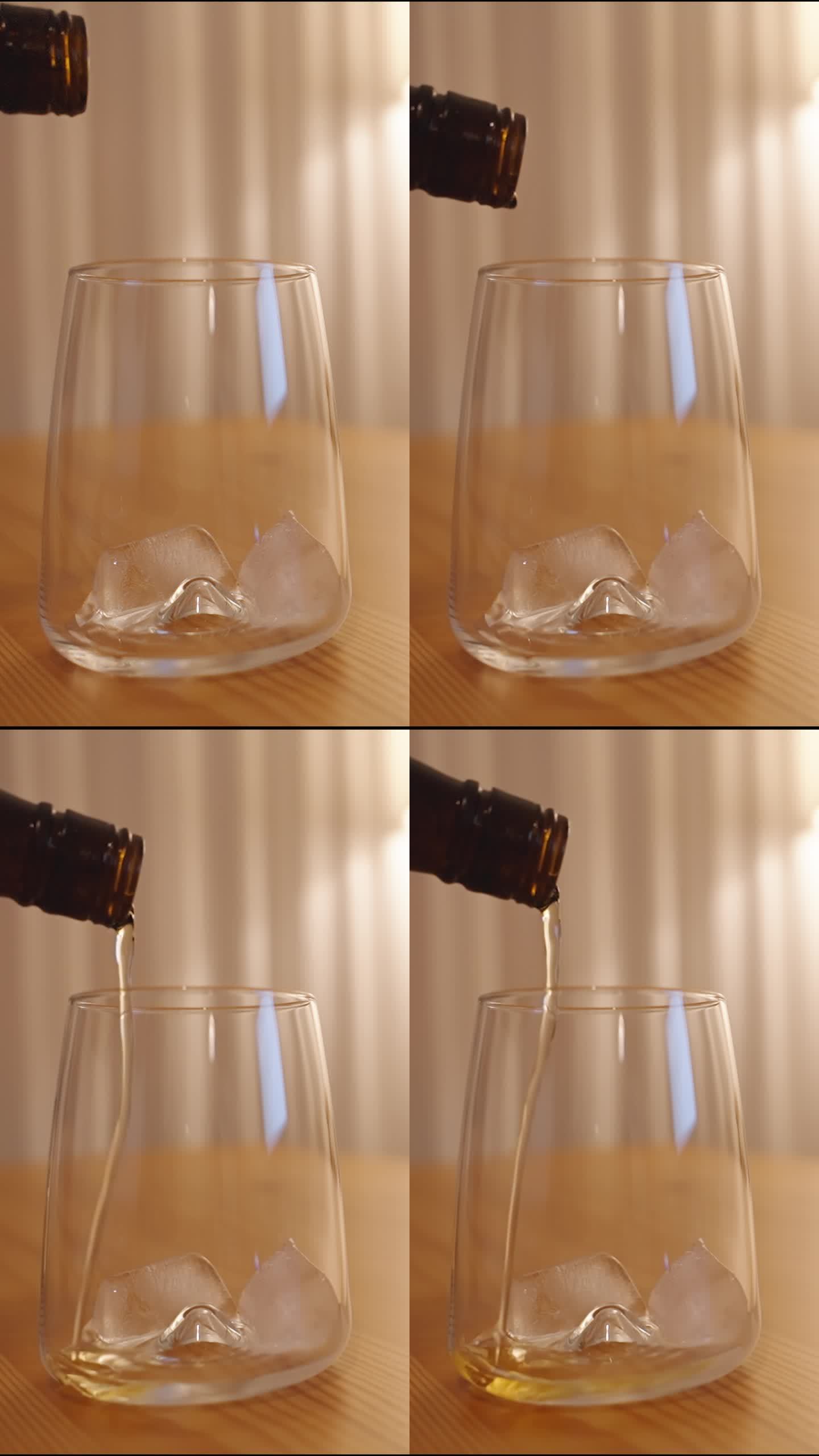 垂直视频。我把威士忌倒进一个玻璃杯里，在木桌上加冰。低调的照明与落地灯的背景。