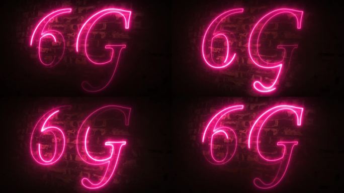 霓虹灯6G高速网络技术概念由霓虹灯线条速度运动图案隔离在黑色背景上用于banner、logo、符号。