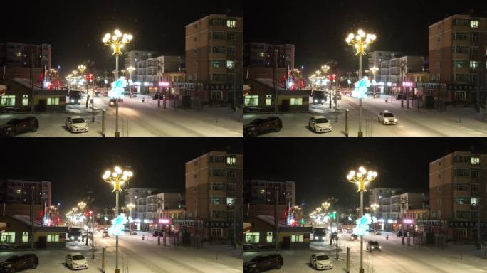 航拍东北城市雪夜灯光夜景