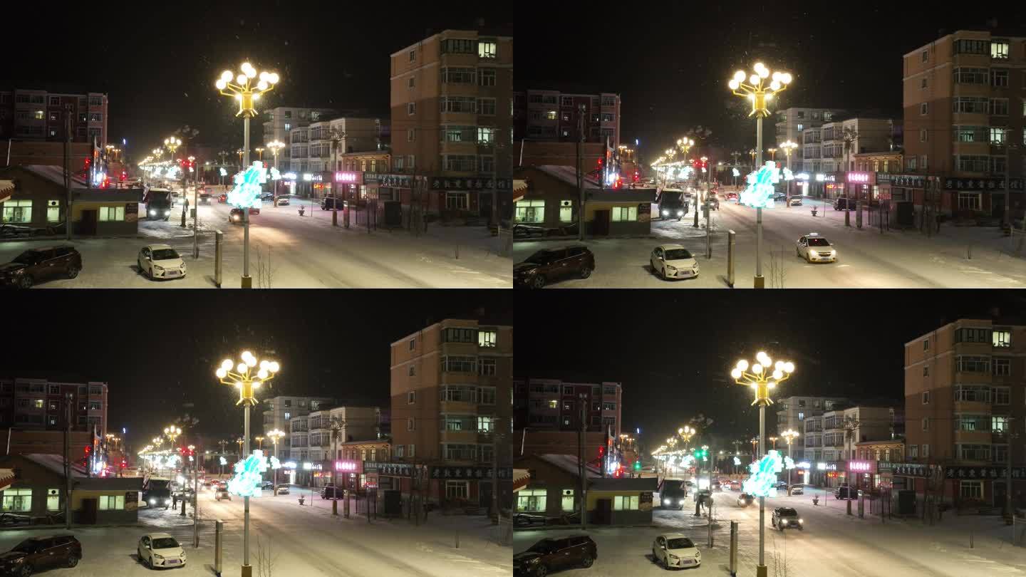 航拍东北城市雪夜灯光夜景