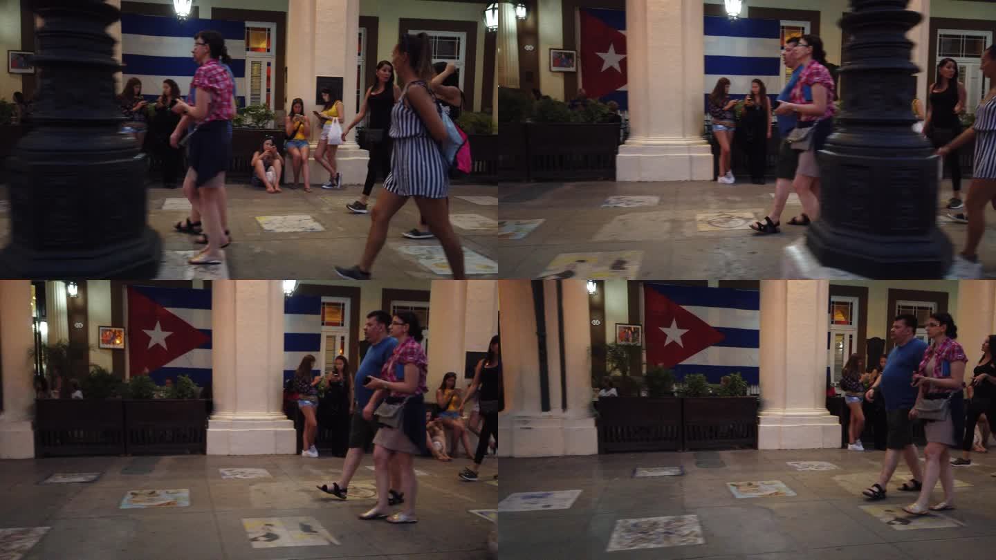 古巴哈瓦那街道行人夜景车上地拍