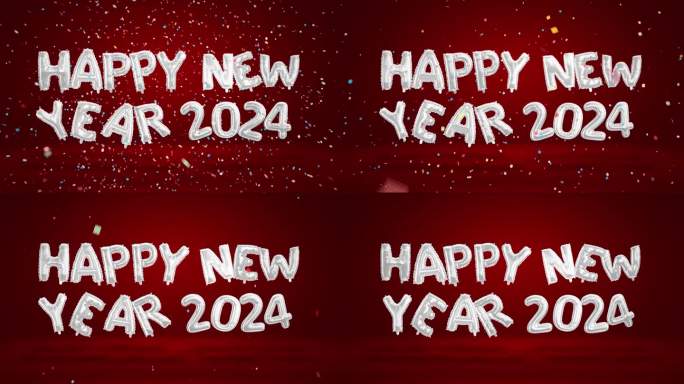 2024年新年快乐。红色背景上漂浮的氦气球。英语的问候。用五彩纸屑炸开银箔数字。水平的。