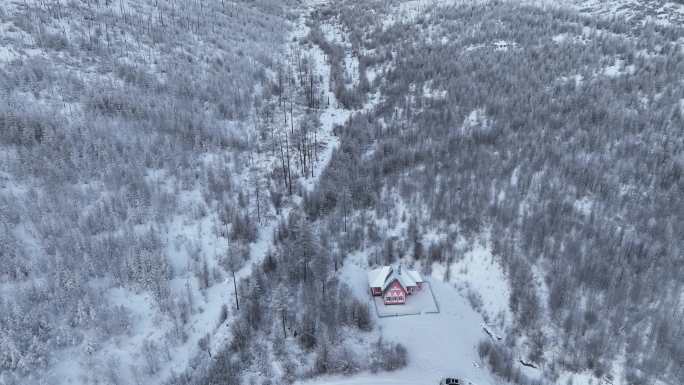 航拍林海雪原森林小屋