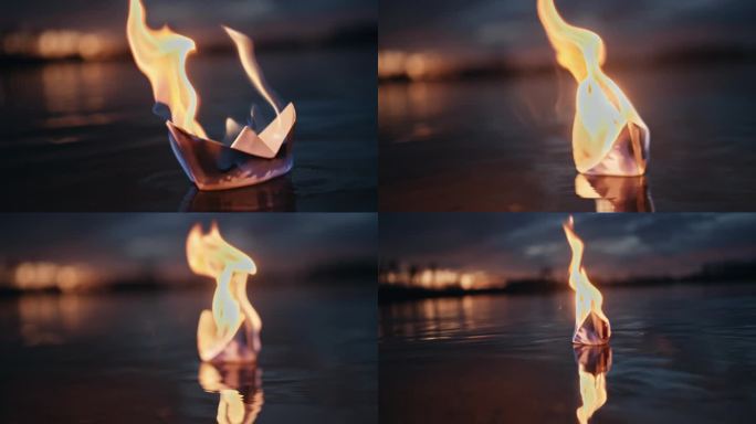 燃烧的折纸船的特写，漂浮在湖面上，在黄昏的涟漪