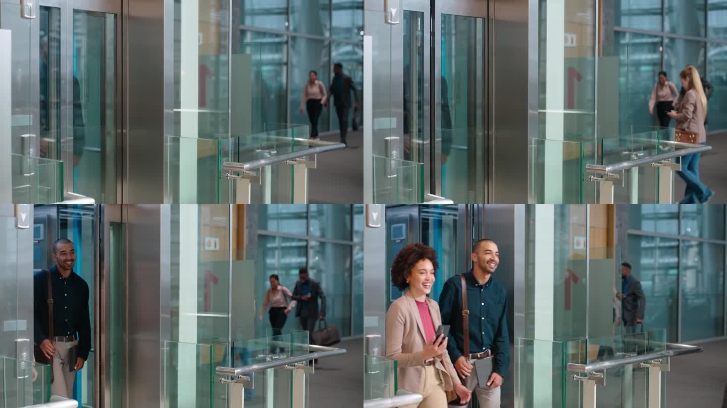 商务，人们和从电梯出口走出来的谈话，快乐和公司工作场所的大厅。专业人士，男女在电梯门口与同事和行李进