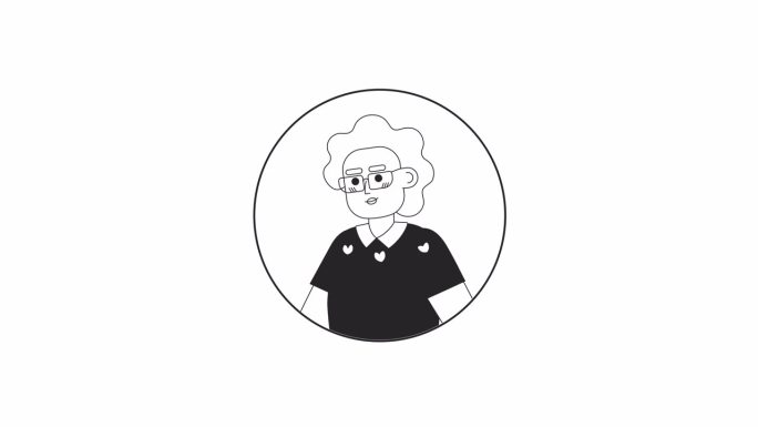 眼镜奶奶轻松微笑的黑白2D化身动画