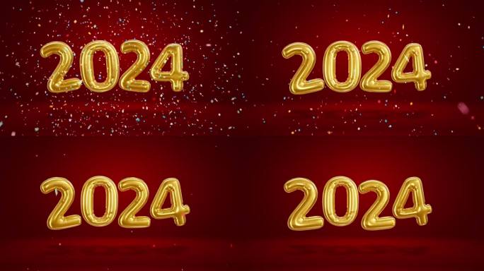 2024年新年。红色背景上漂浮的氦气球。用五彩五彩的纸屑弹出金箔数字。水平的。