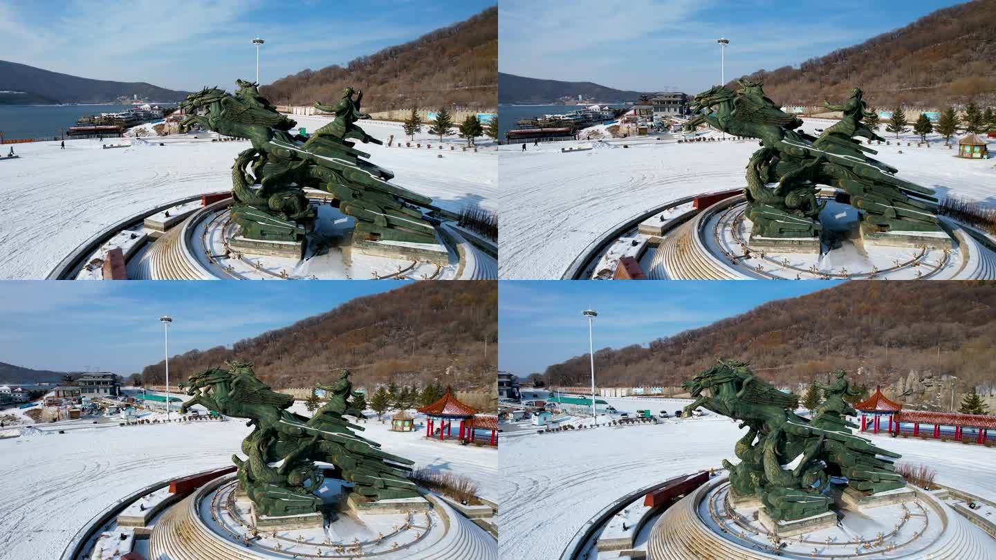 吉林松花湖冬季风光大禹治水雕塑航拍