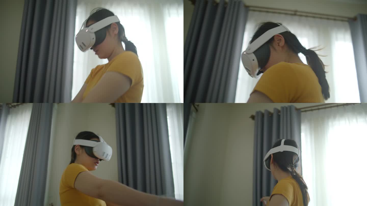 女人玩VR游戏迷失方向室内卧室假期娱乐