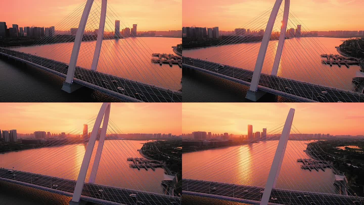航拍浐灞欧亚大桥黄昏日落夕阳风光