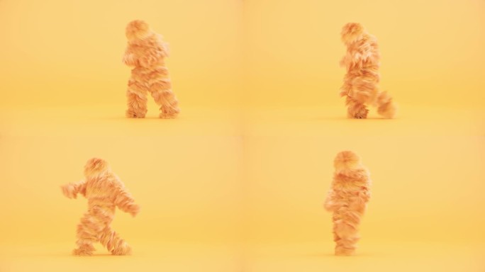 黄色毛茸茸的3d卡通人物在黄色背景上跳舞，人穿着毛茸茸的服装，有趣的吉祥物循环动画，现代最小的无缝运