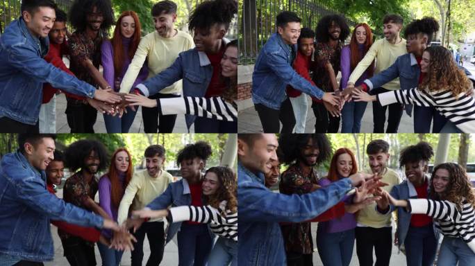 一群多元文化的朋友手拉手，边笑边欢呼的视频——友谊与多元理念