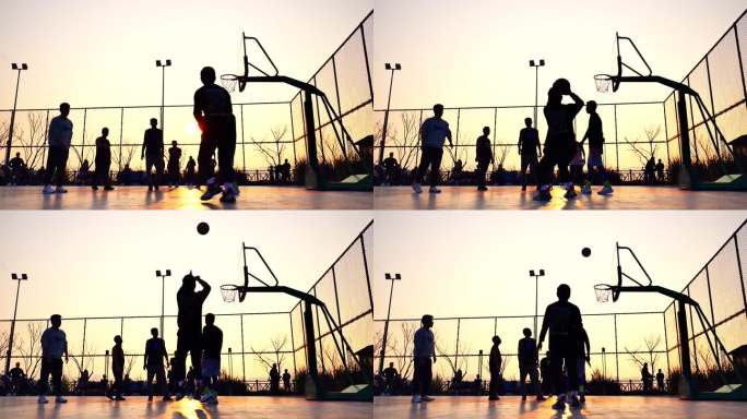 夕阳下篮球场打篮球的人升格镜头