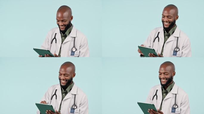 快乐的黑人，医生和平板电脑的研究，远程医疗或网络的工作室背景。非洲男性或医疗保健专业人员对模型的沟通