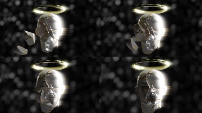 在一个3D动画中，一个破碎的人脸头上戴着一个金戒指