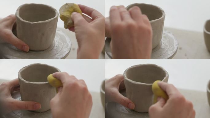 用转轮和海绵巧妙地将粘土塑造成杯子，令人着迷的技巧展示