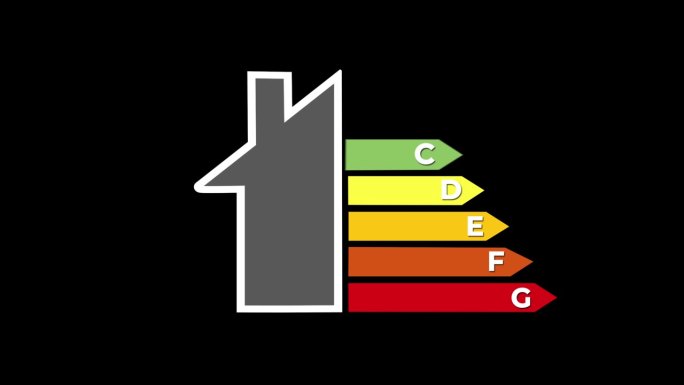房屋动画显示能源效率等级C级黑色背景。生态和生物能量家园的概念。能源等级、性能证书。包括α