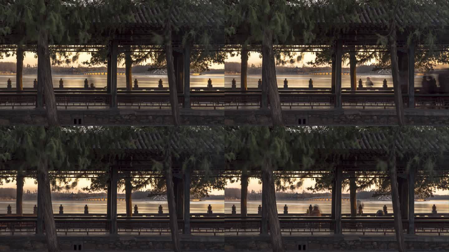 颐和园长廊与十七孔桥日落金光穿洞延时摄影