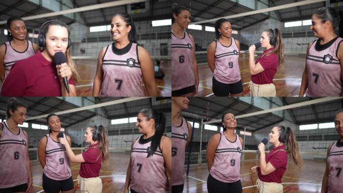 年轻女电视记者在体育场上采访女排运动员——摄影机的视角