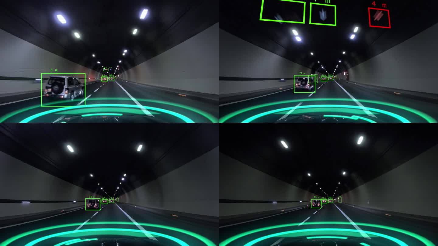 基于人工智能的自动驾驶系统驱动车辆。未来的无人驾驶汽车在隧道中行驶，扫描周围的交通。