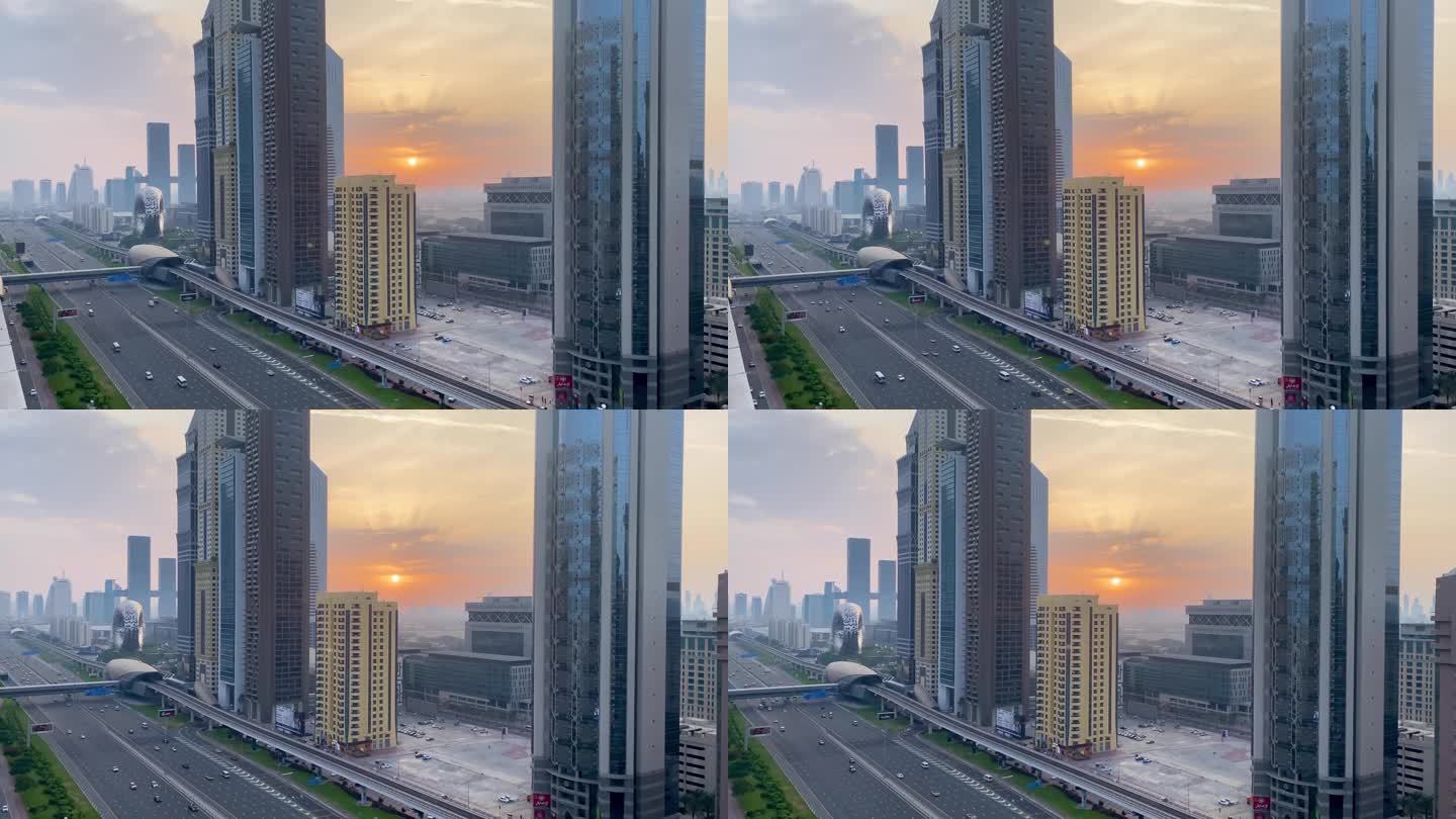 迪拜谢赫扎耶德路上的日出，未来博物馆矗立在觉醒的城市景观中