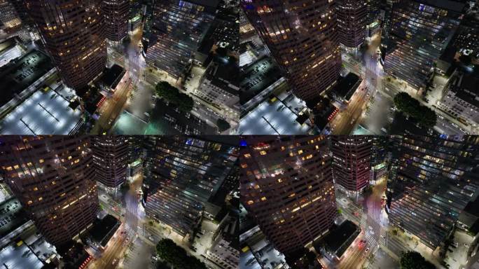 无人机拍摄的洛杉矶市中心第九街和菲格罗亚街夜间下降