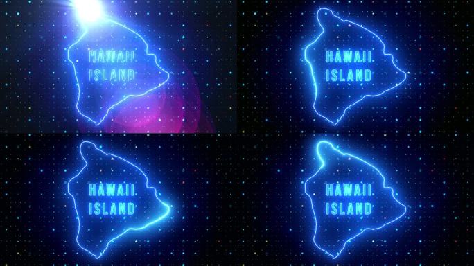 未来的蓝色闪耀大岛夏威夷轮廓地图和标签文本发光霓虹灯耀斑运动揭示与星星闪耀网格背景