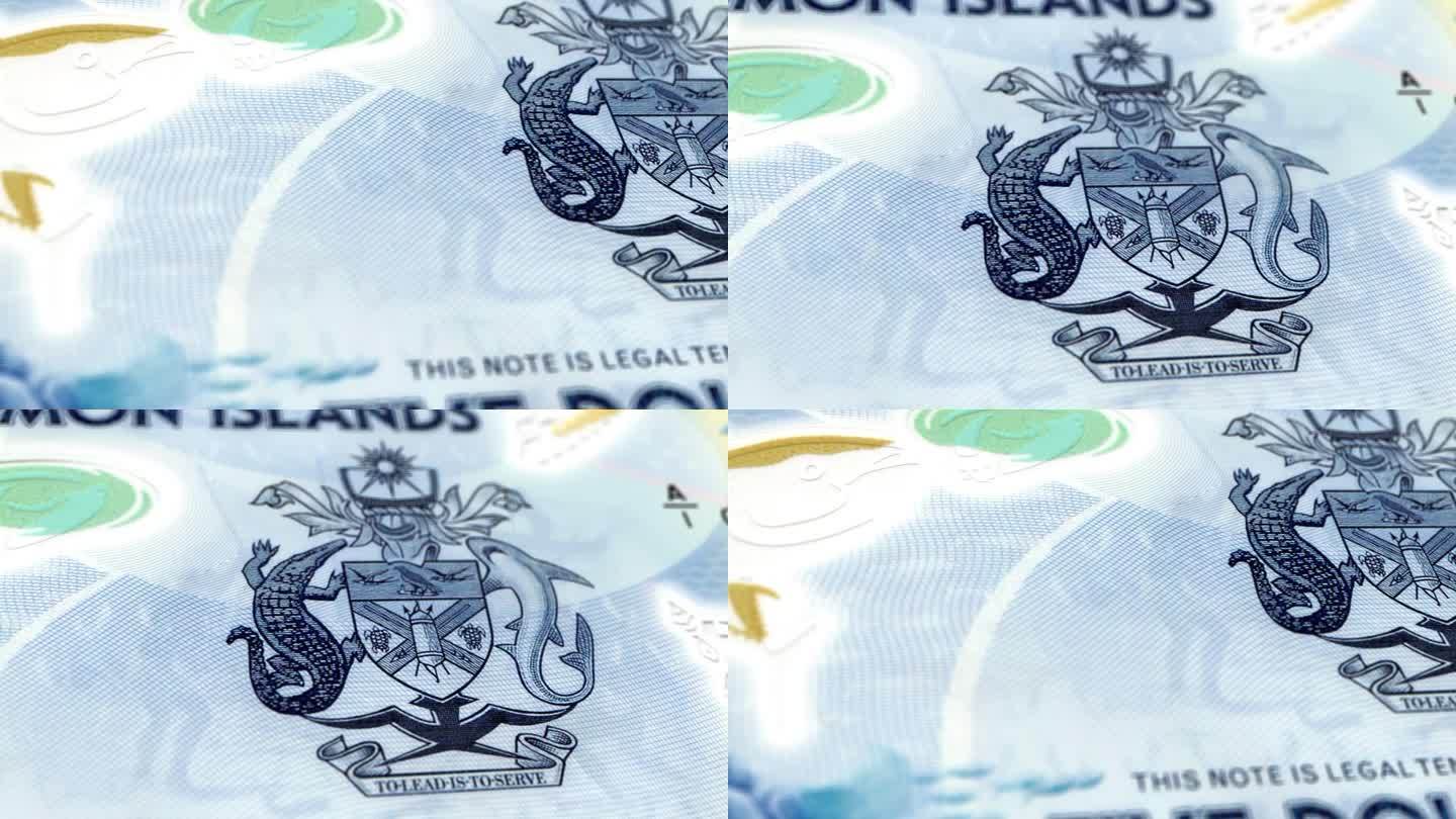所罗门群岛所罗门群岛美元5钞票，五个所罗门群岛美元，所罗门群岛美元的特写和宏观视图，跟踪和多莉拍摄5