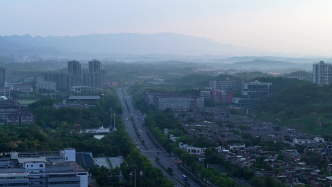 重庆大学城日出晨雾航拍