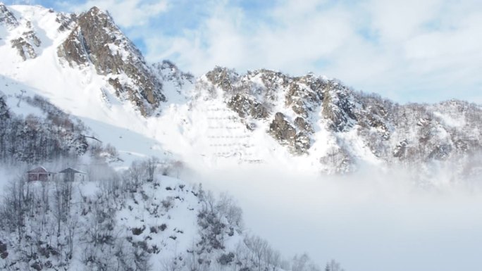 从滑雪场滑雪缆车的移动小屋看到的美丽景色。令人难以置信的山景和被霜覆盖的树木。