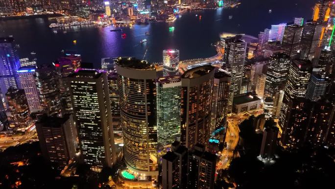 香港市区及维多利亚港夜景鸟瞰图