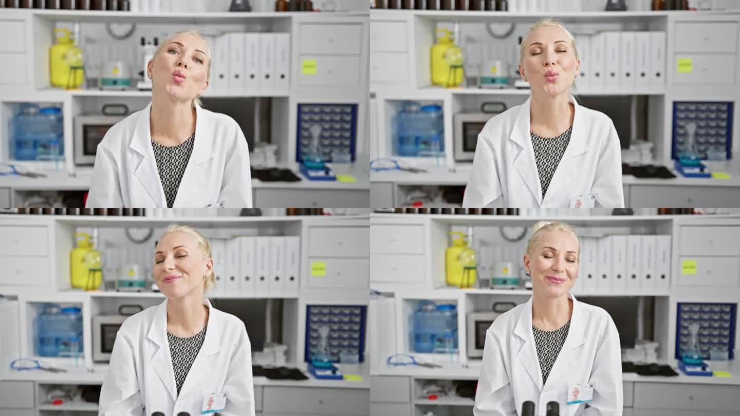 身穿科学家制服的金发美女对着镜头飞吻。在实验室里表达性爱。