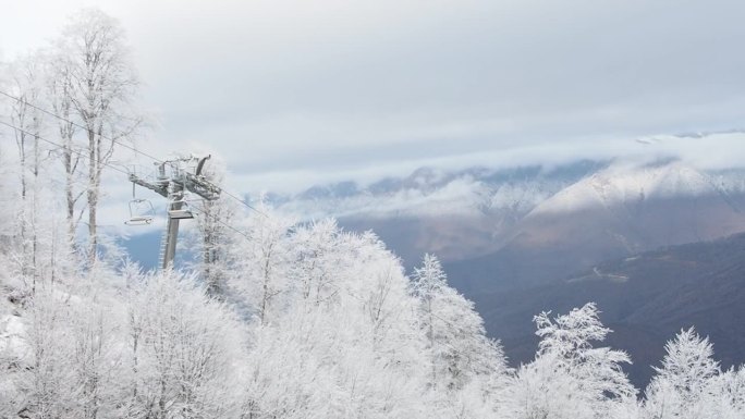 从滑雪场滑雪缆车的移动小屋看到的美丽景色。令人难以置信的山景和被霜覆盖的树木。