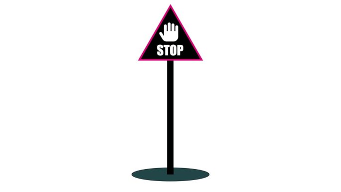 停止标志与手的符号在三角形板上反对图标动画白色背景。