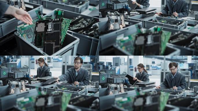 在电子厂，白人男女工人在拆解手提电脑，回收电子元件以生产印刷电路板。员工拆卸和分类电脑零件