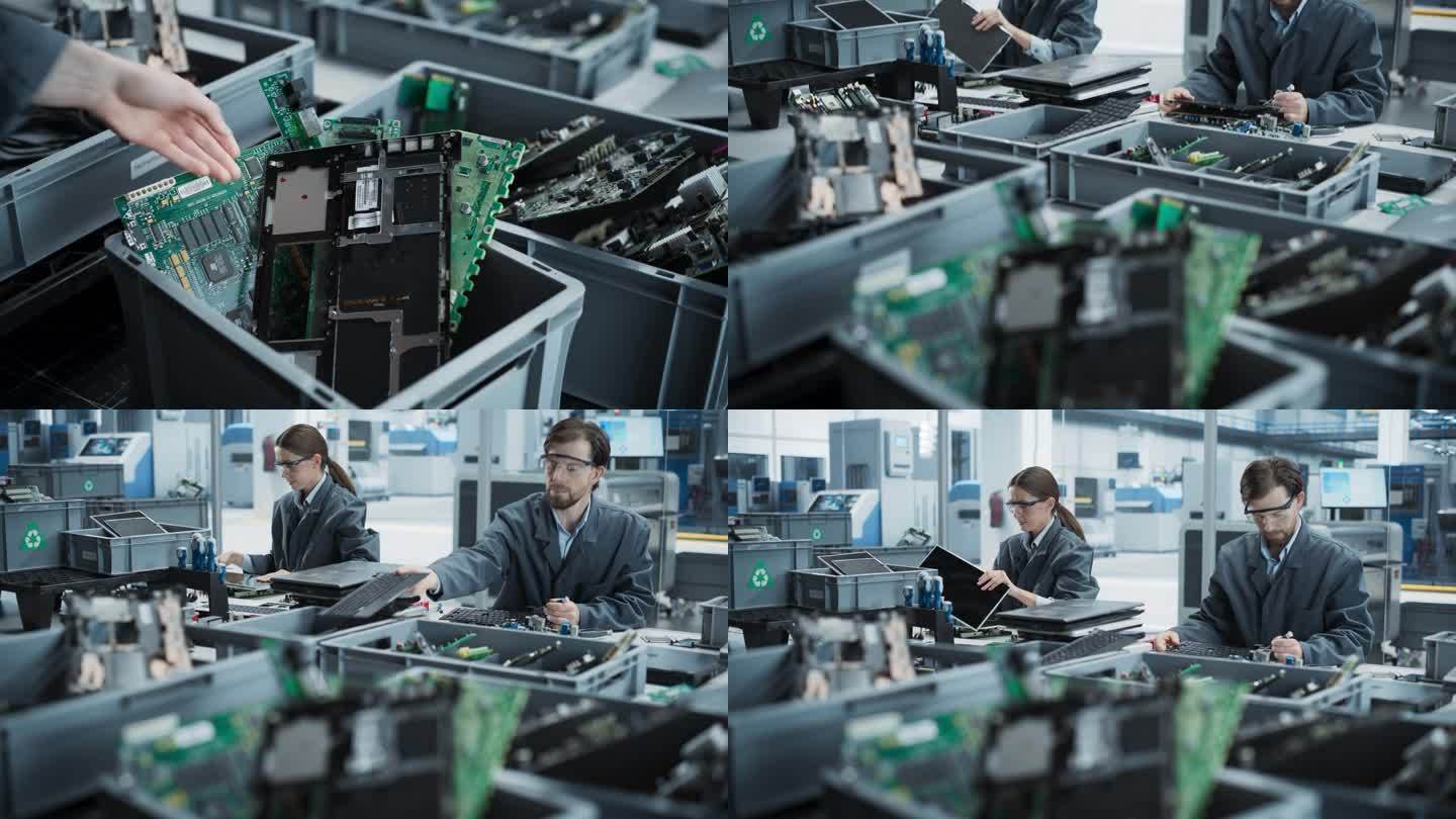 在电子厂，白人男女工人在拆解手提电脑，回收电子元件以生产印刷电路板。员工拆卸和分类电脑零件