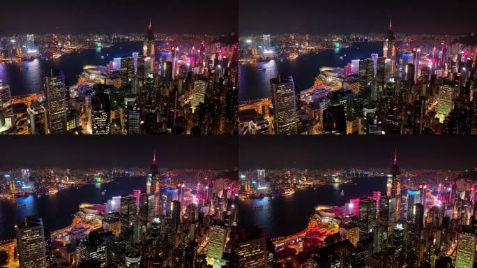 香港市区及维多利亚港夜景鸟瞰图