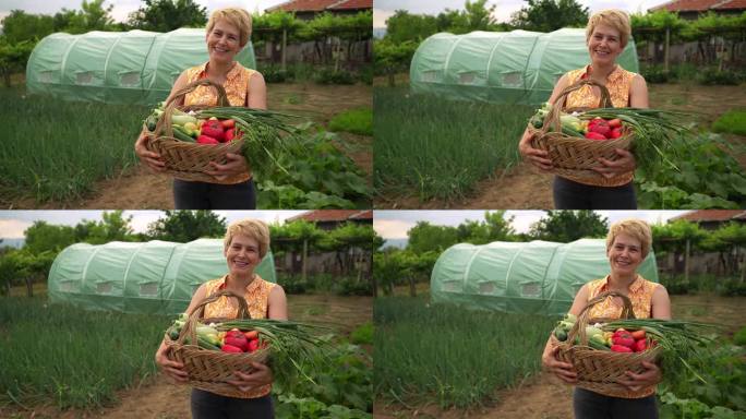 一个女园丁拿着一篮子蔬菜