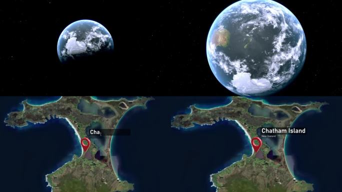 查塔姆岛地图从太空到地球的缩放，新西兰
