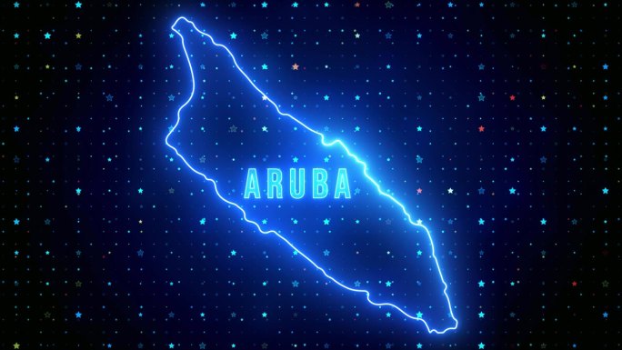 未来的蓝色闪耀阿鲁巴大纲地图和标签文本发光霓虹灯耀斑运动揭示与星星闪烁网格背景
