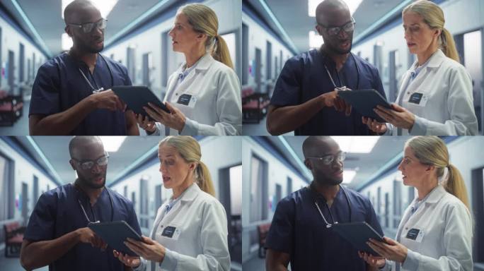 卫生保健医院。专业的黑人男护士和女医生走过走廊，交谈，使用数码平板电脑，讨论病人的治疗，药物或治疗