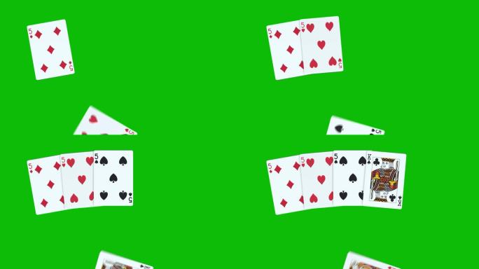 一个扑克手组成的满屋5张，用绿屏上的3D动画一张一张的扔牌，扑克动画，发牌扑克动画。赢牌组合