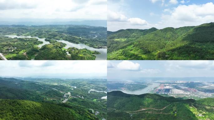 航拍绿色生态山川森林湖泊水库