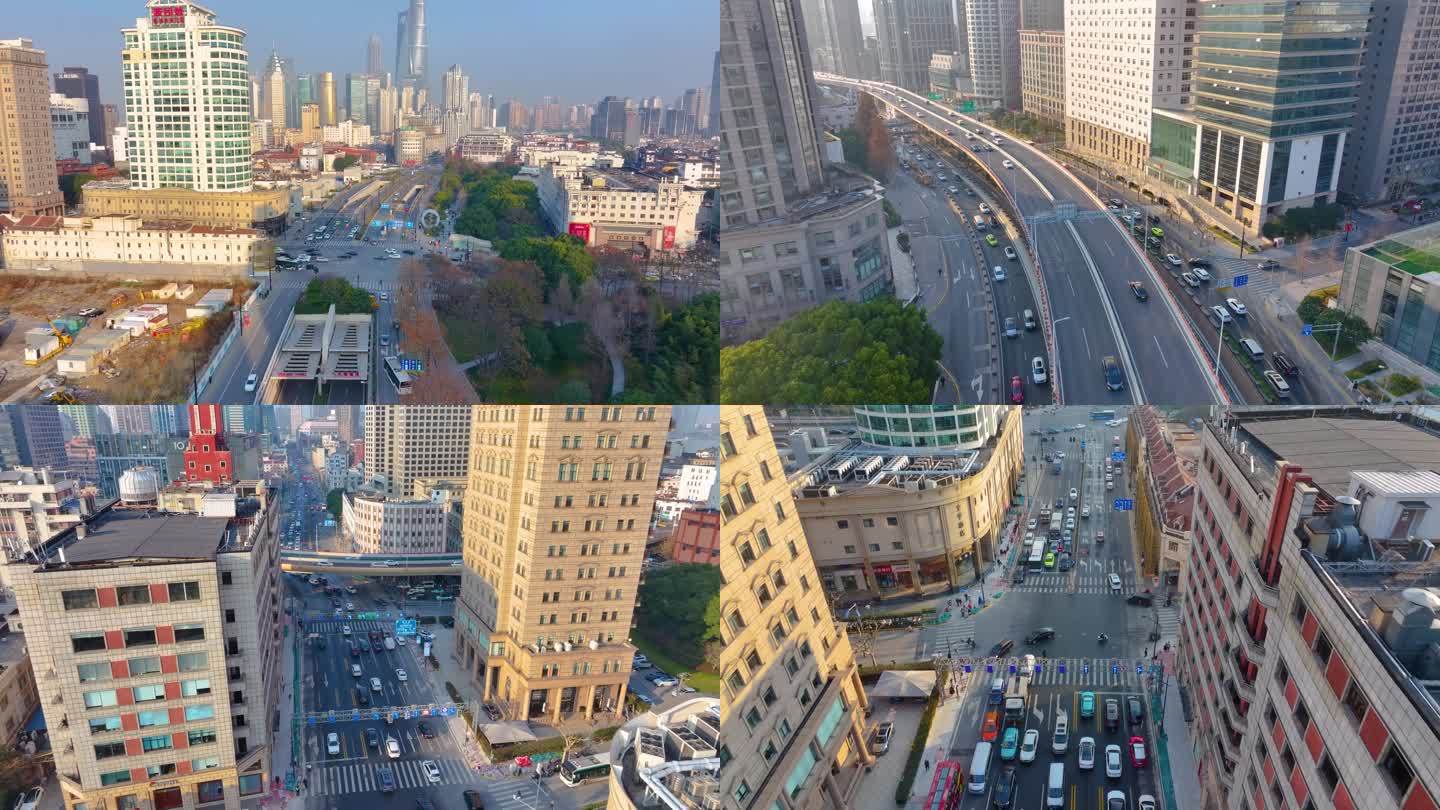 上海黄浦区人民路延安东路航拍马路道路车流