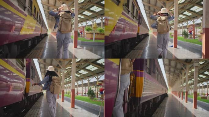 一名亚洲女旅客跑着试图赶上即将出发的火车，但没能成功