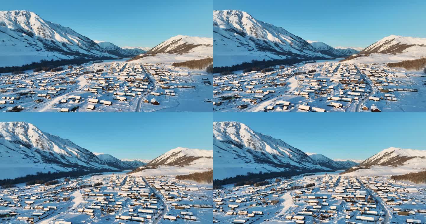 航拍新疆禾木村冬季雪景