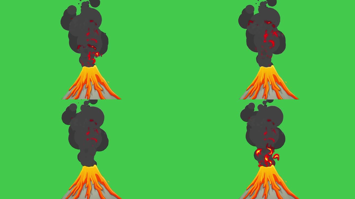 火山喷发动画。4K卡通绿屏背景。