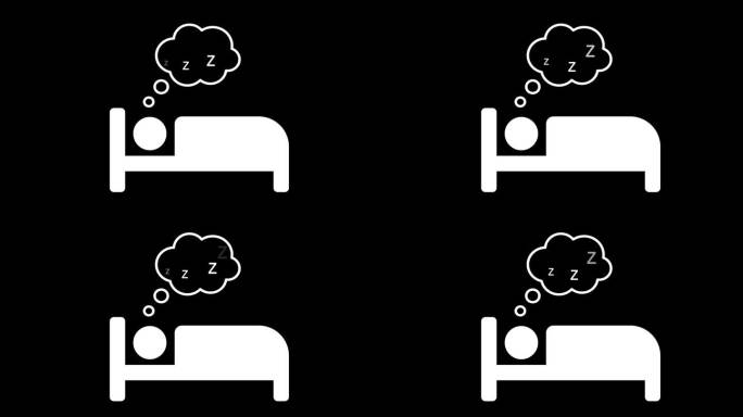 人在床上睡觉图标动画与zzz泡沫或睡眠思想。用于睡眠网站和睡前放松。孤独的人无法入睡。阿尔法通道