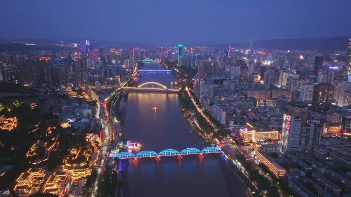 兰州市中山桥城市夜景 黄河沿岸灯光秀